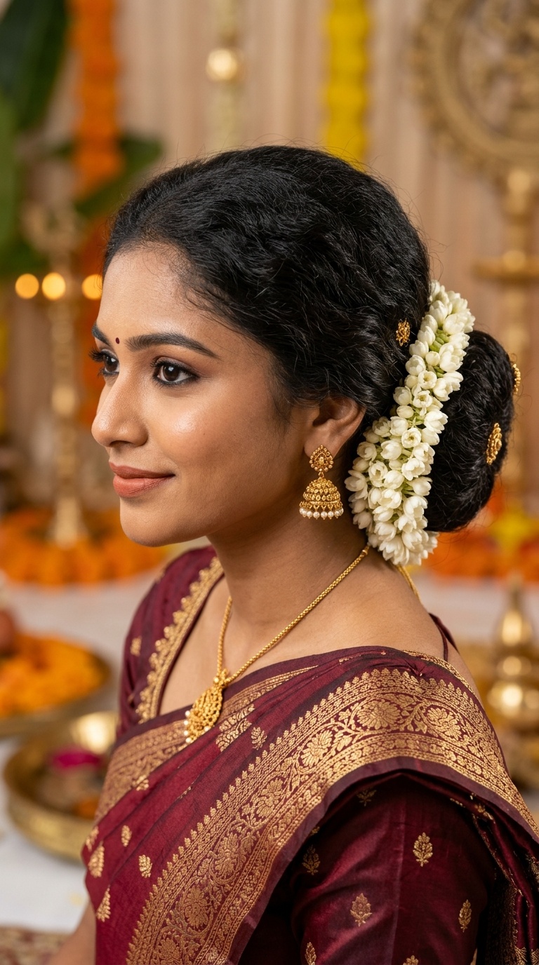 Low Chignon with Donut Padding and Gajra