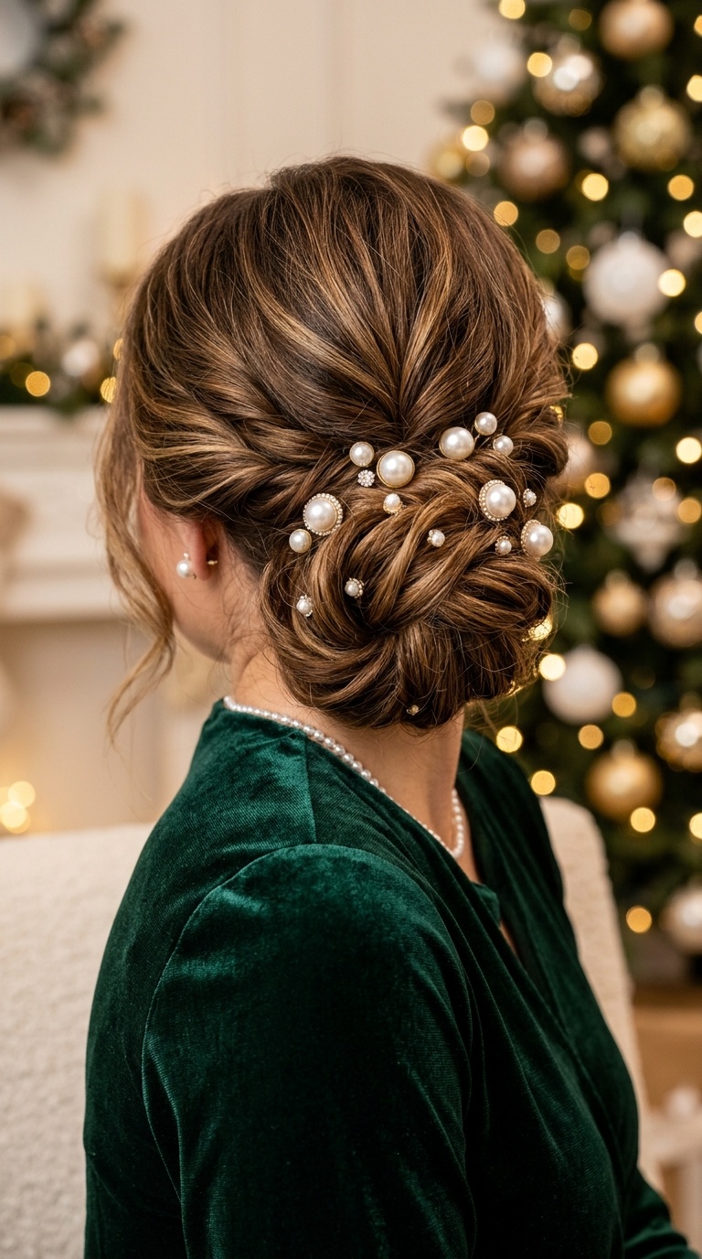 Low Chignon with Pearl Pins