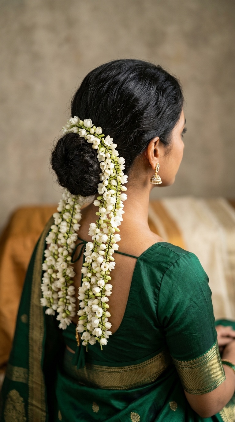 Low Chignon with Vertical Jasmine Drapes
