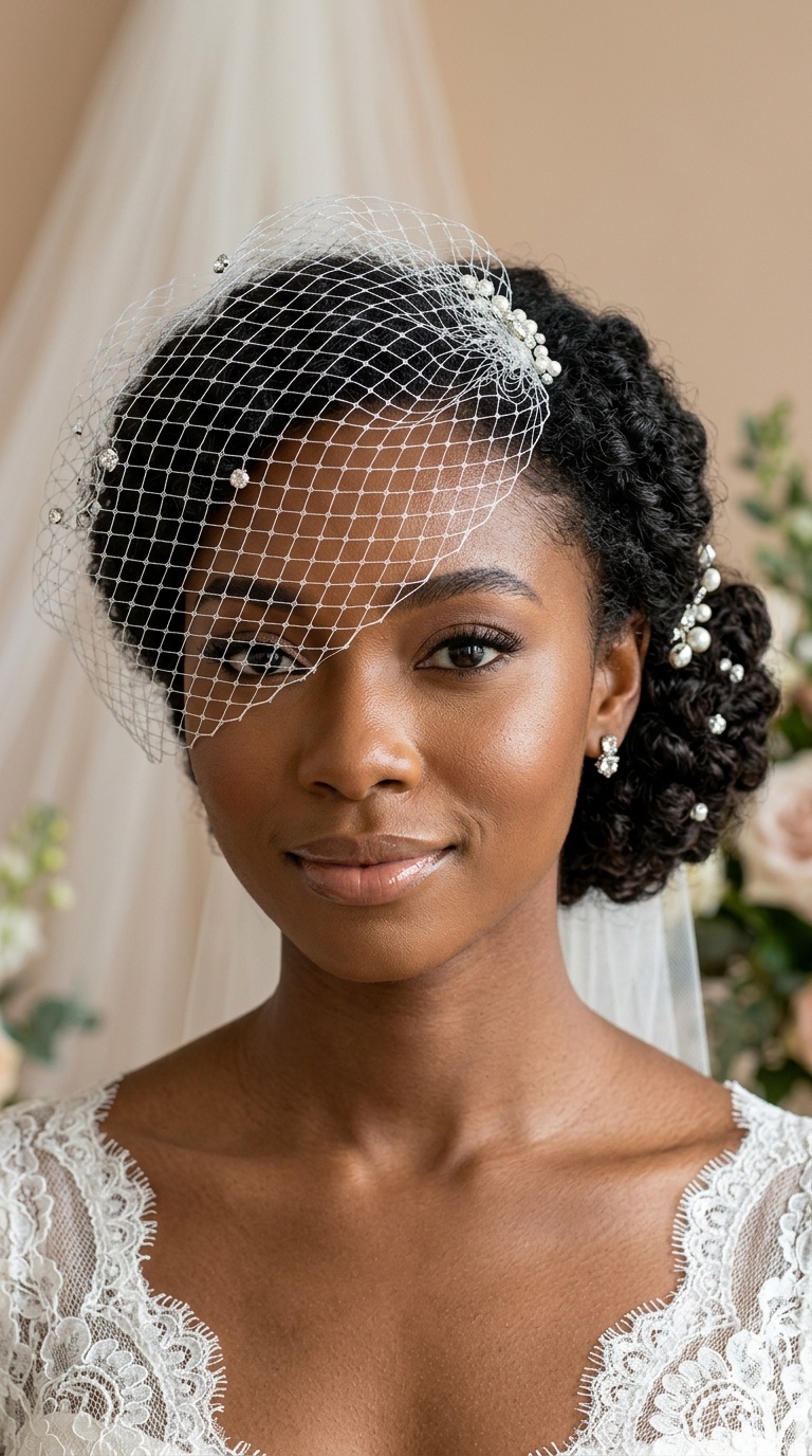 Low Curly Chignon with a Birdcage Veil