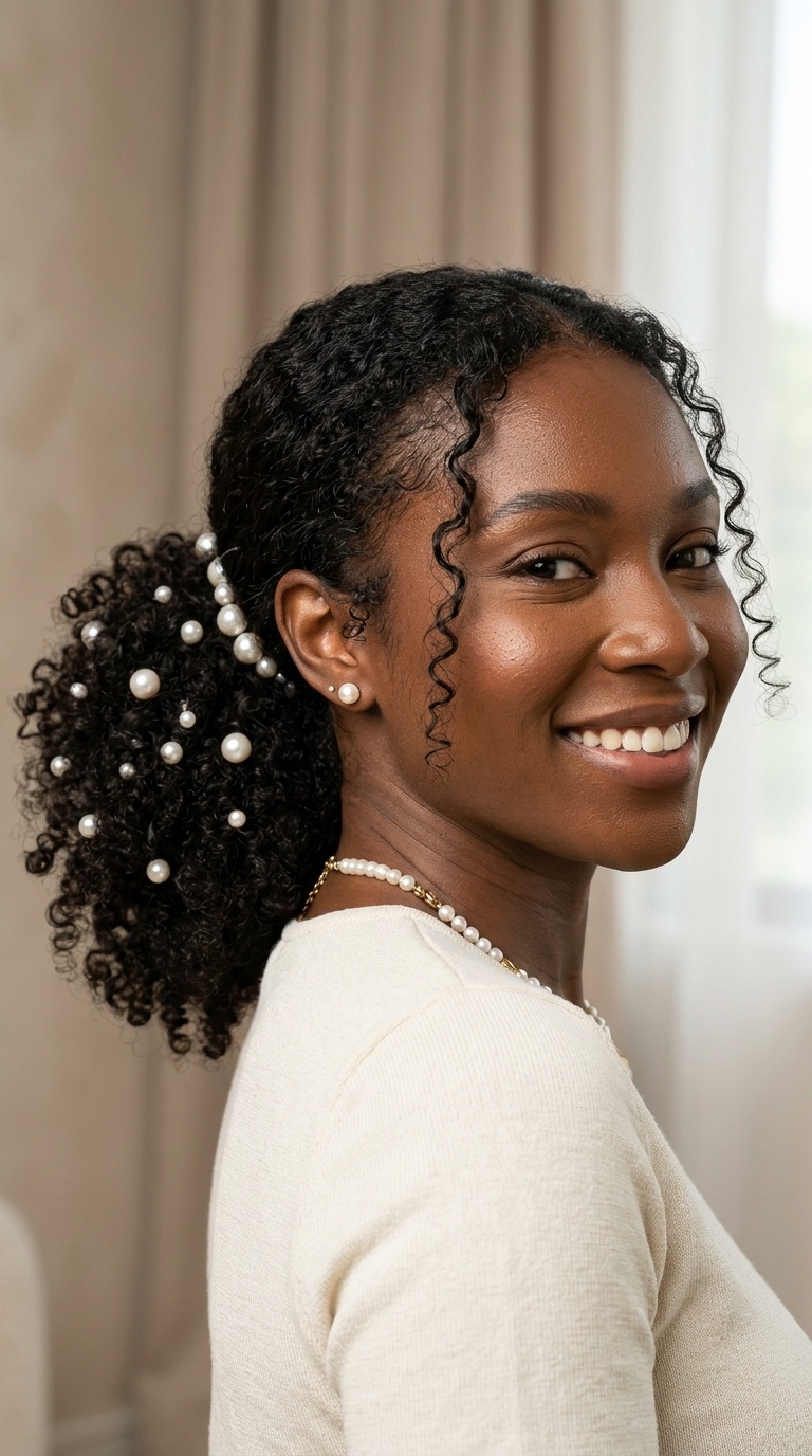 Low Curly Ponytail with Pearl Embellishments