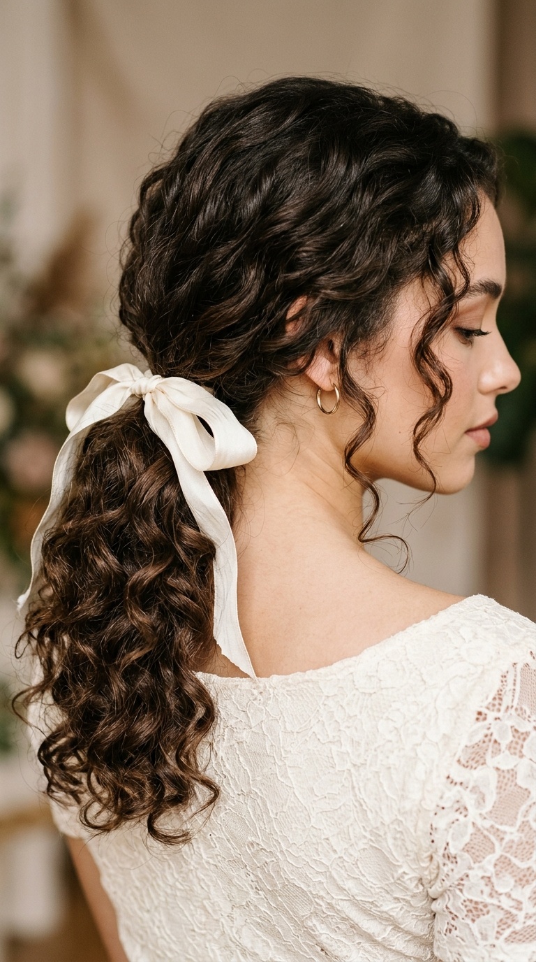 Low Curly Ponytail with Ribbon