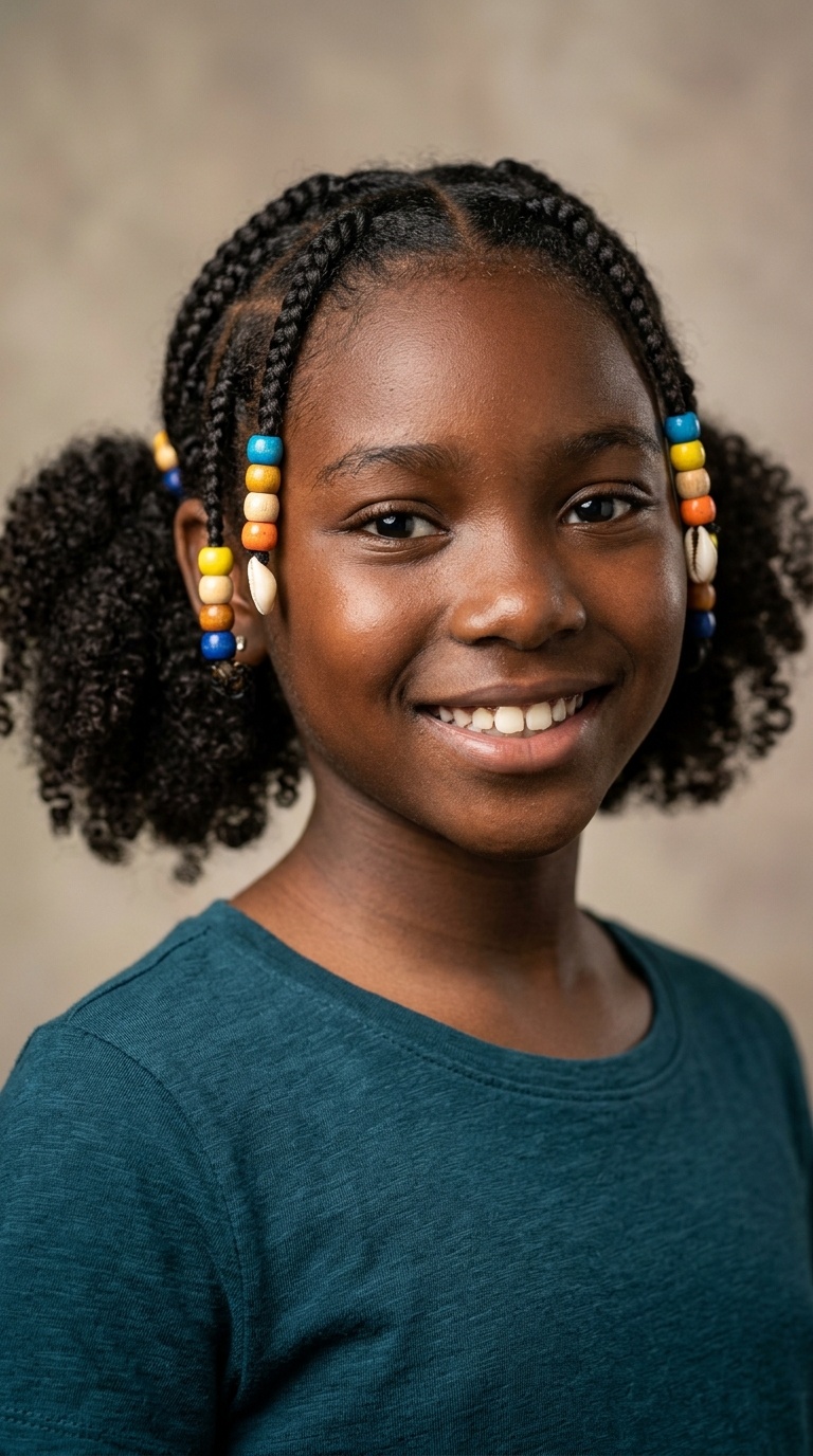 Low Curly Puffs with Beaded Braids