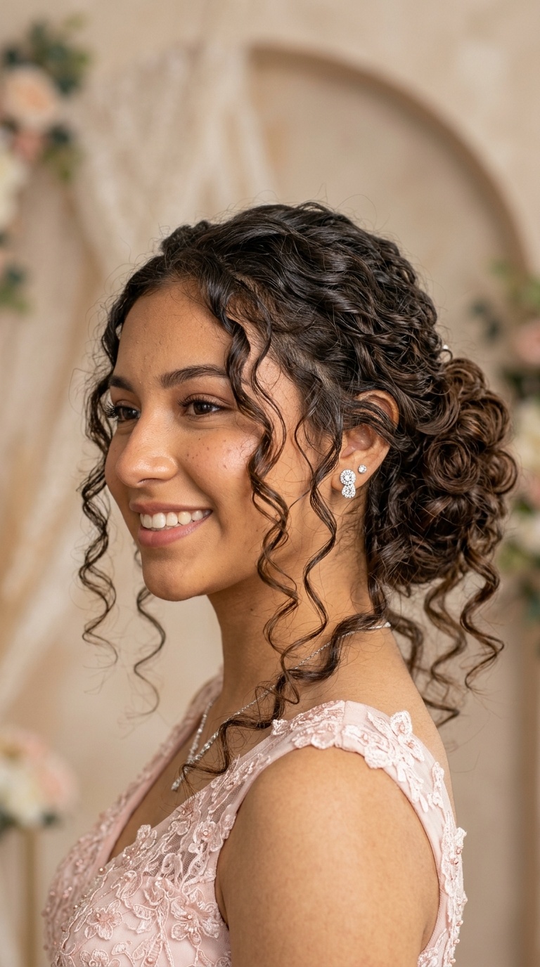 Low Messy Bun with Curly Tendrils