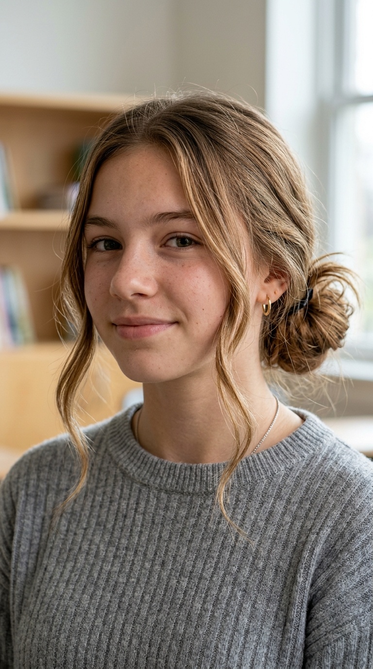 Low Messy Bun with Face-Framing Pieces