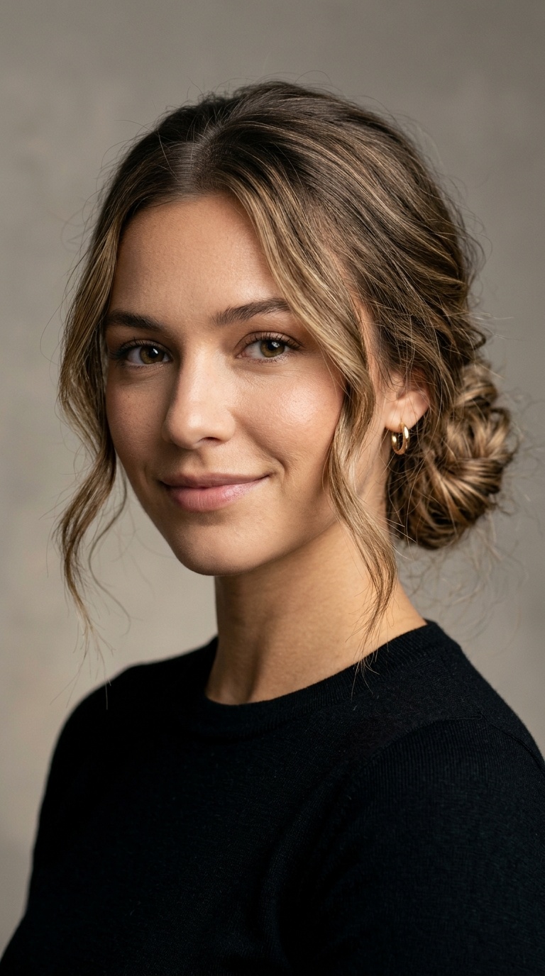 Low Messy Bun with Face-Framing Tendrils