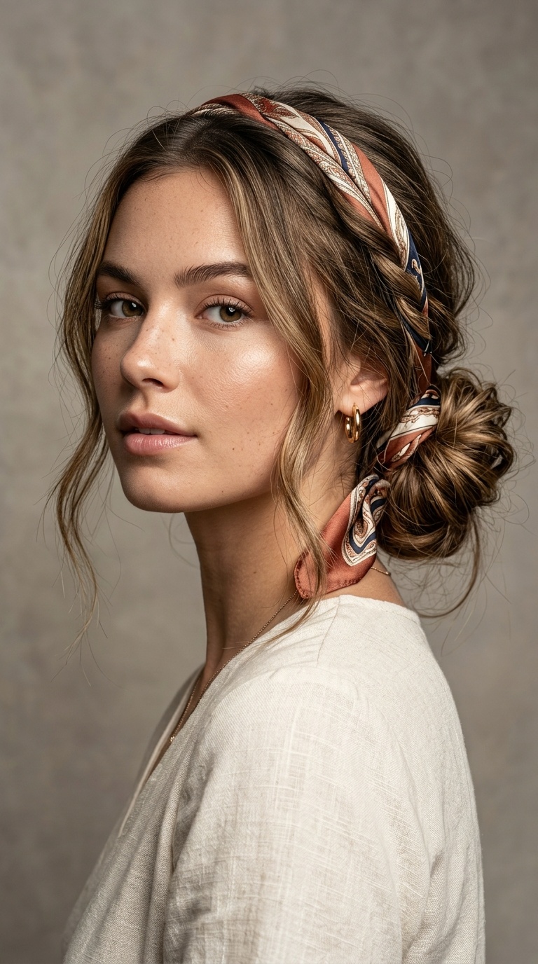 Low Messy Bun with Scarf Accents