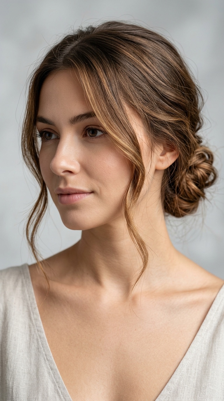 Low Messy Bun with Soft Side-Swept Tendrils