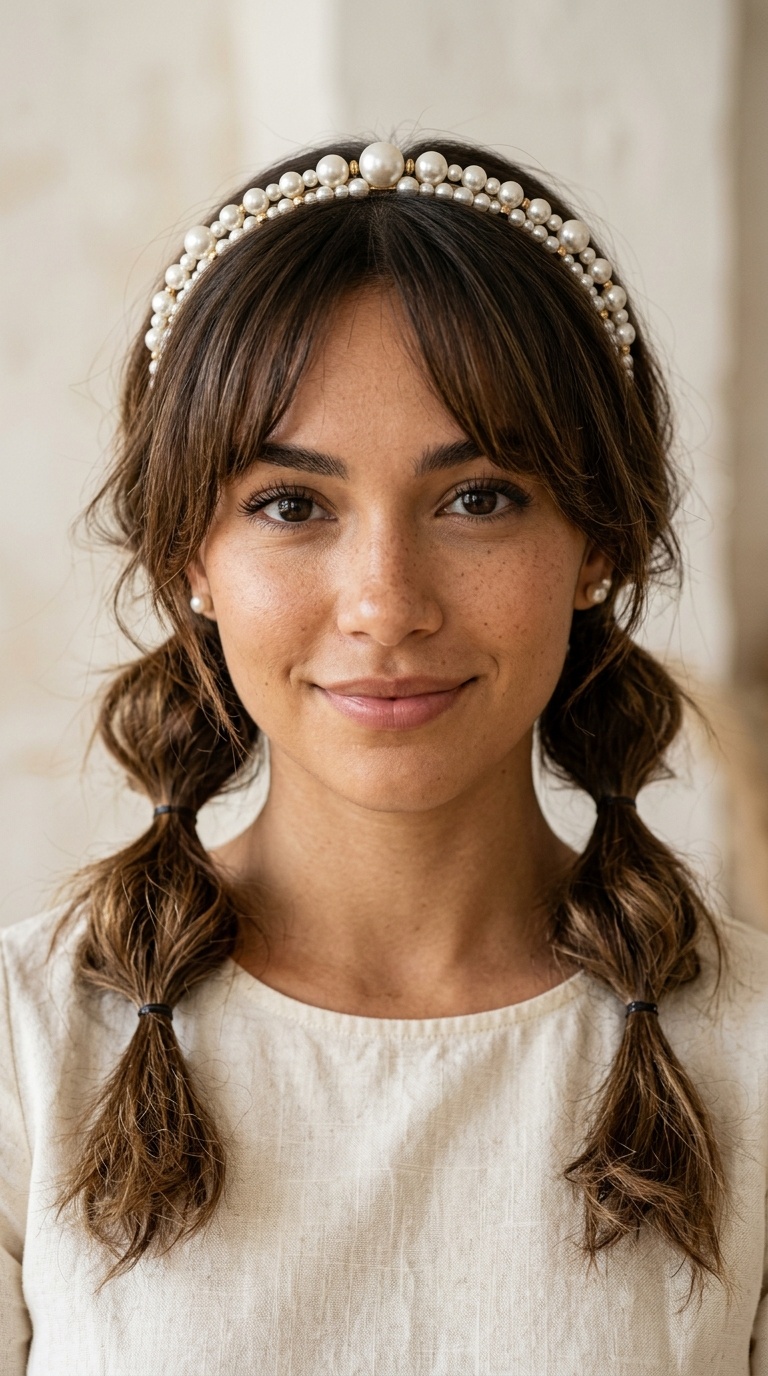 Low Messy Pigtails with Curtain Bangs and Pearl Headband
