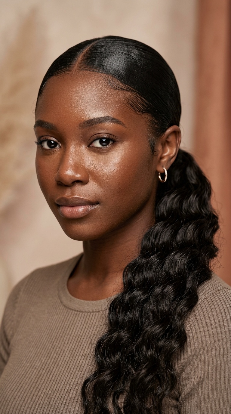 Low Middle-Part Sleek Pony with Deep Waves