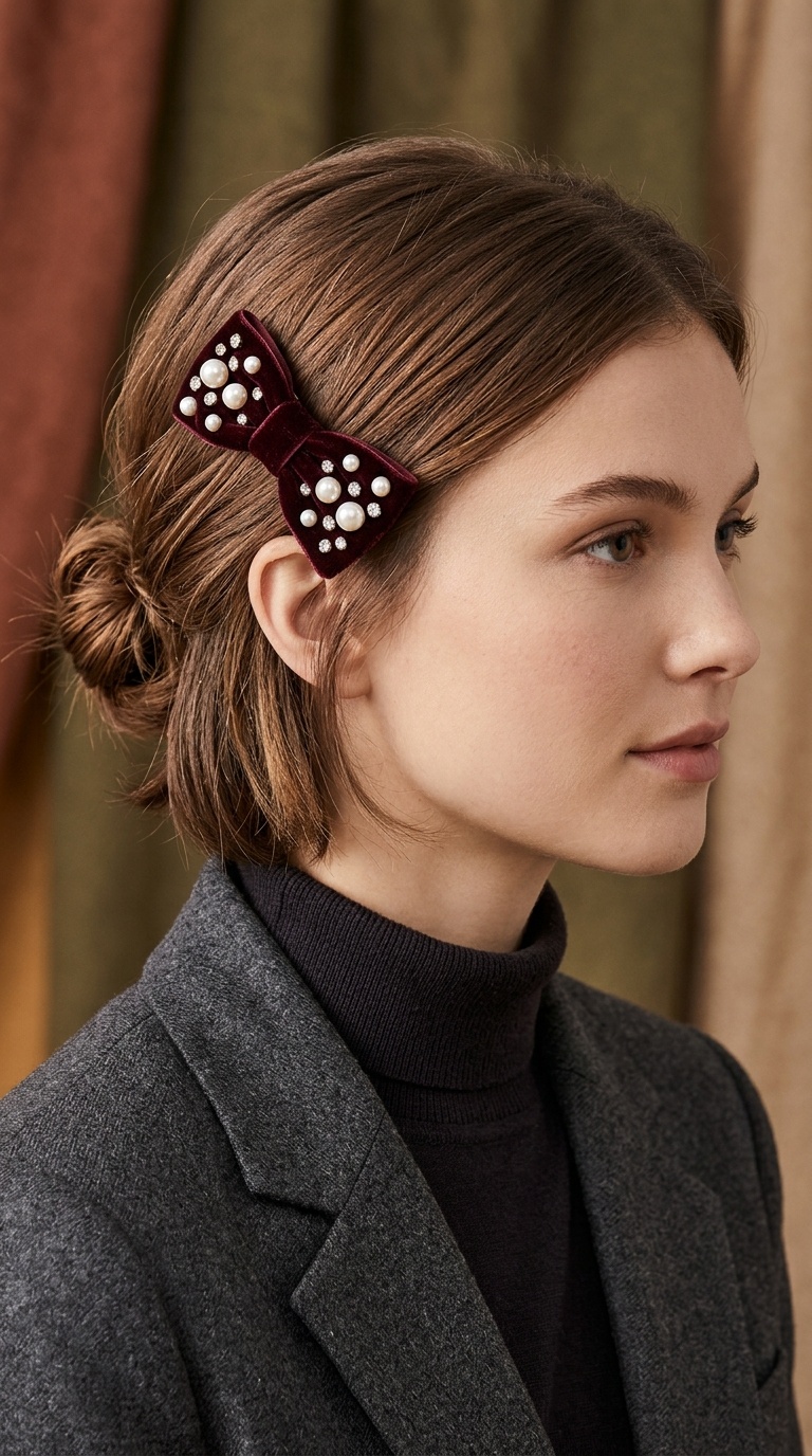 Low Mini-Bun with a Velvet Pearl Clip