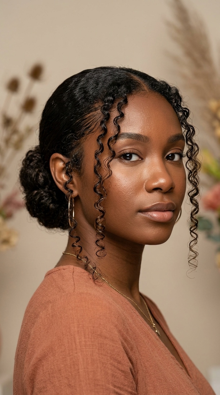 Low Sleek Bun with Curly Tendrils