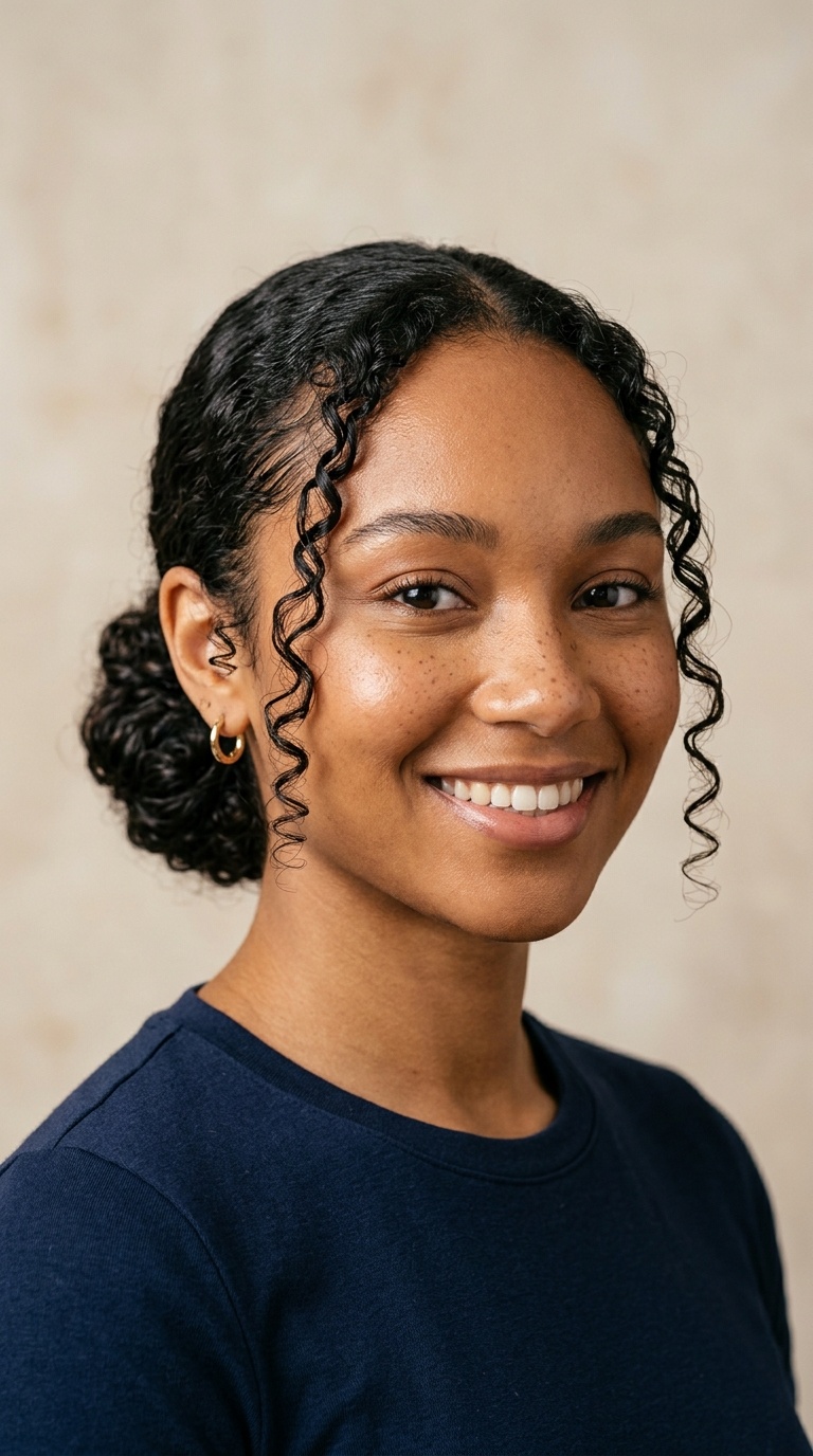 Low Sleek Bun with Curly Tendrils