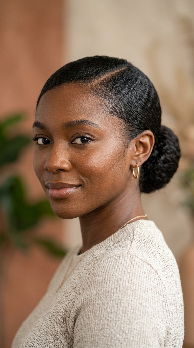 Low Sleek Bun with Deep Side Part