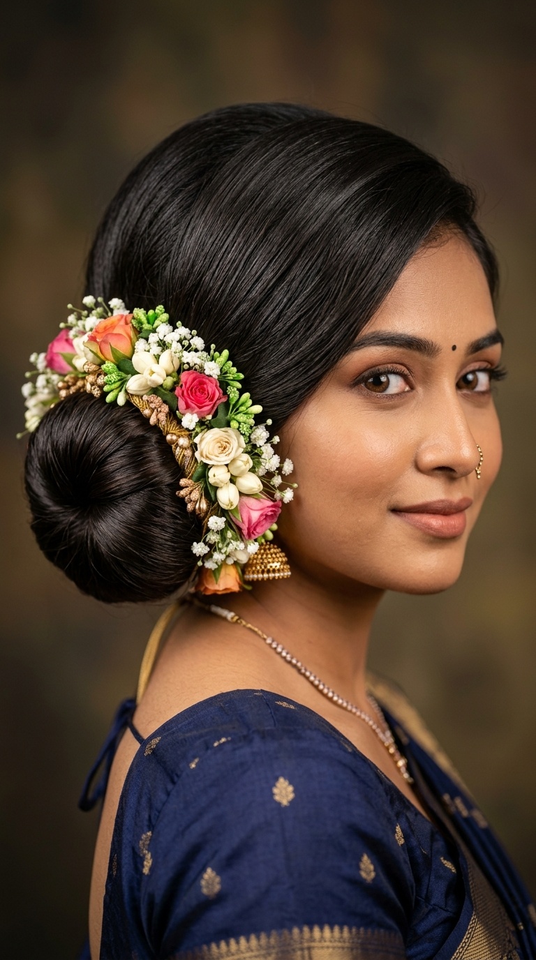 Low Sleek Bun with Floral Crescent