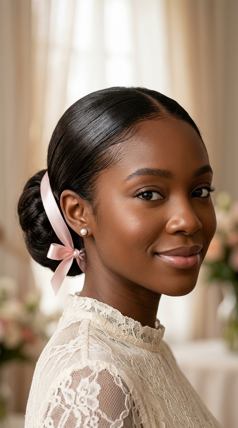 Low Sleek Bun with Silk Ribbon