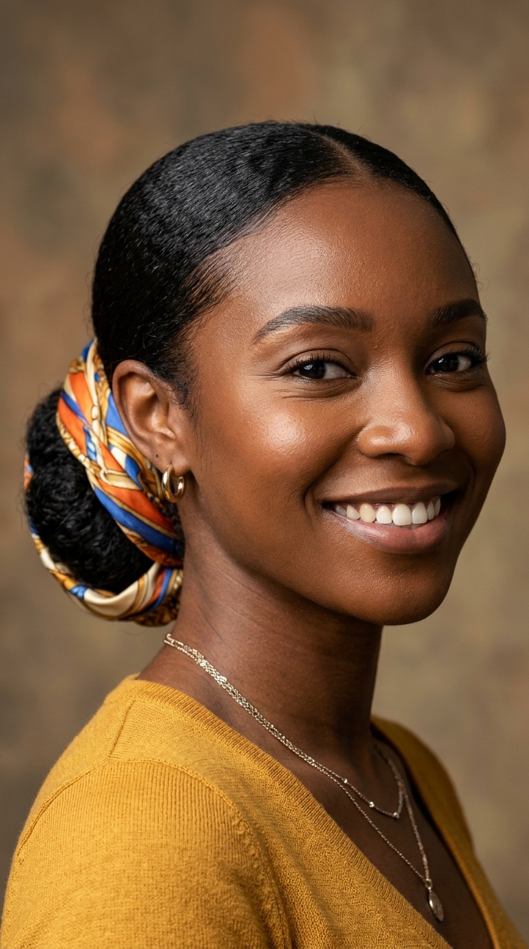 Low Sleek Chignon with a Scarf