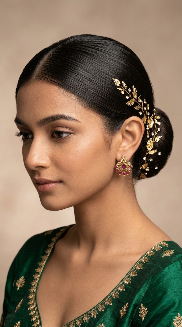 Low Sleek Chignon with Gold Leaf