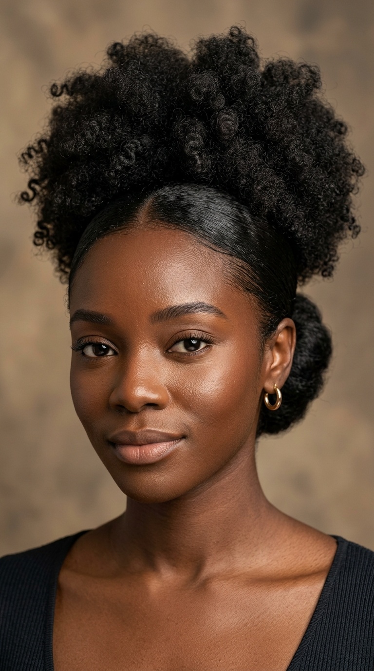 Low Sleek Chignon with Voluminous Afro Puff