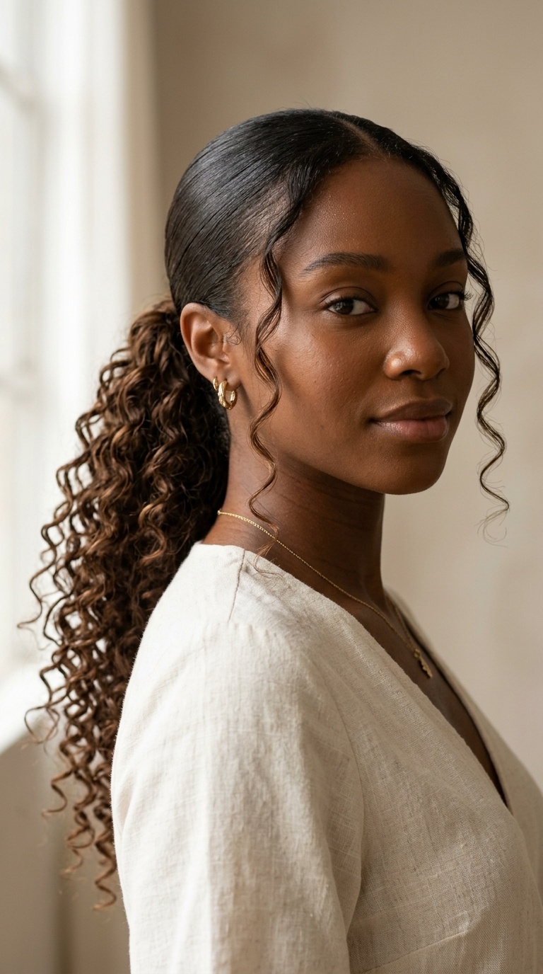 Low Sleek Ponytail with Curly Tendrils