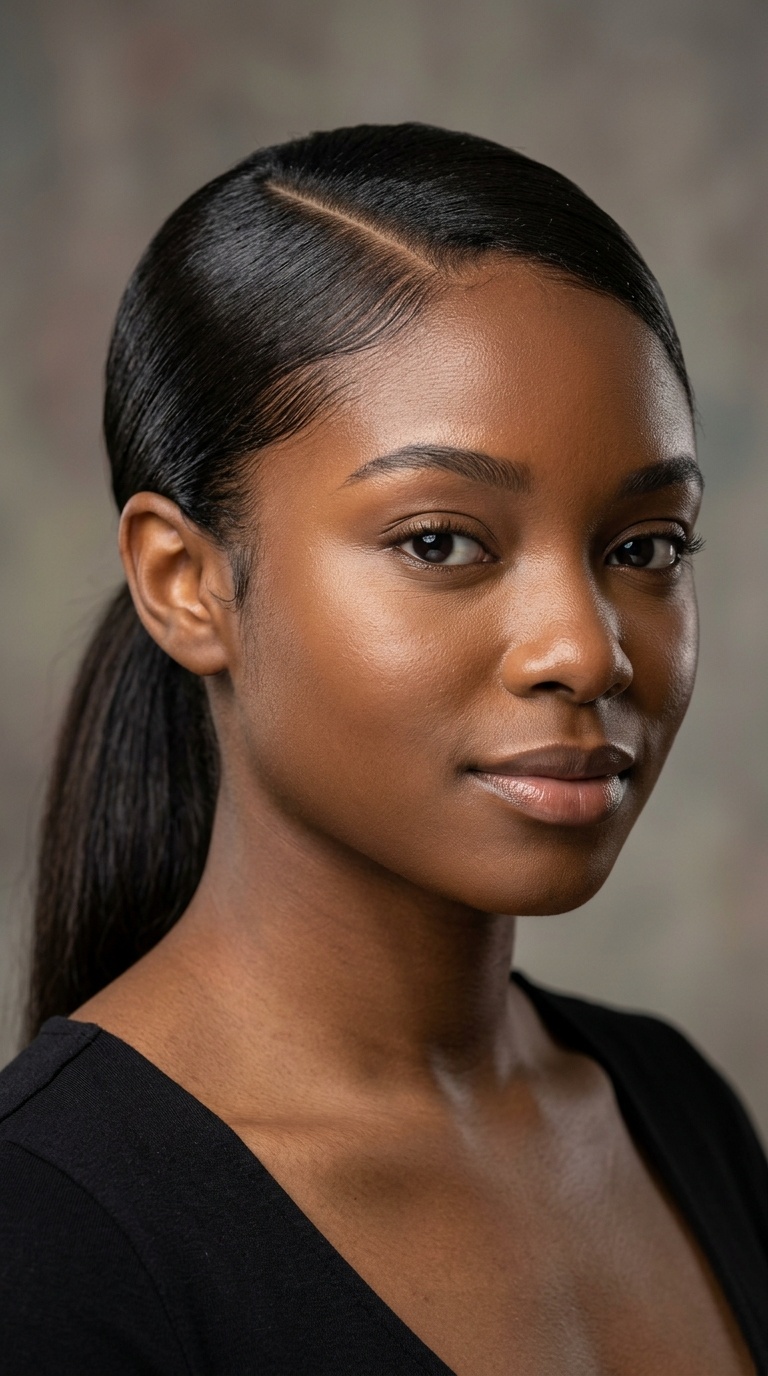 Low Sleek Ponytail with Deep Side Part