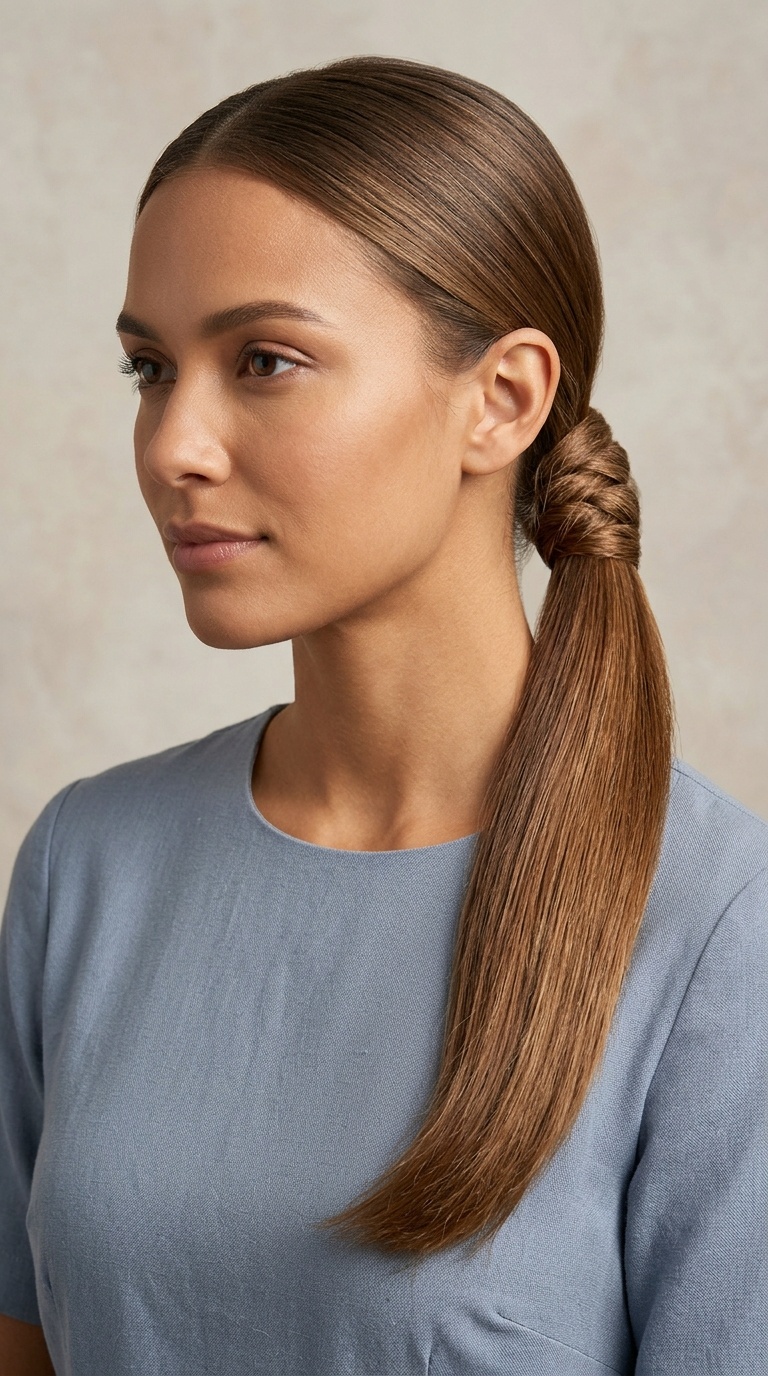 Low Sleek Ponytail with Hair Wrap