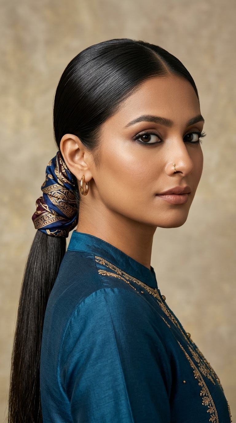 Low Sleek Ponytail with Silk Wrap