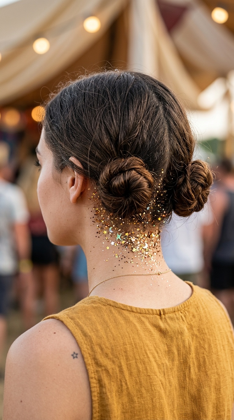 Low Space Buns with a Glittering Nape
