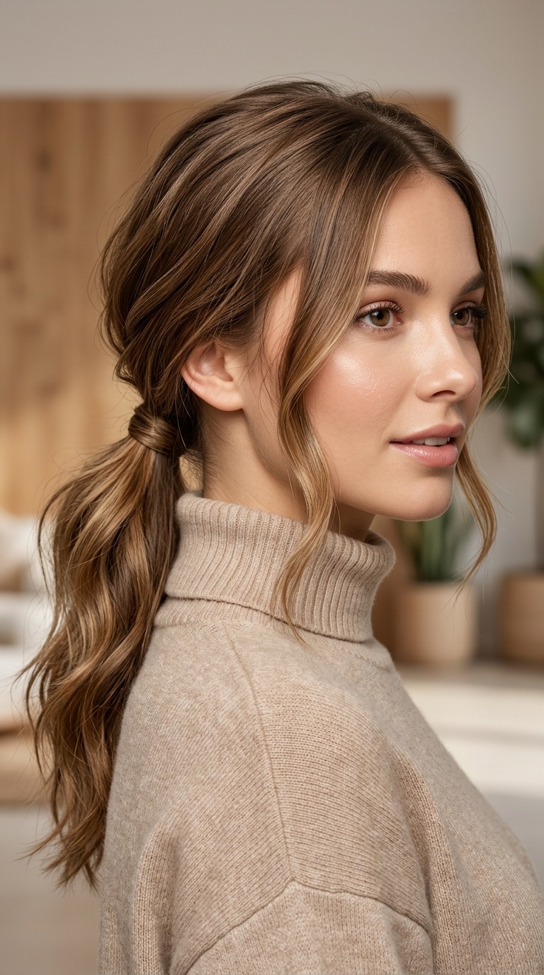Low Textured Ponytail with Face-Framing Pieces