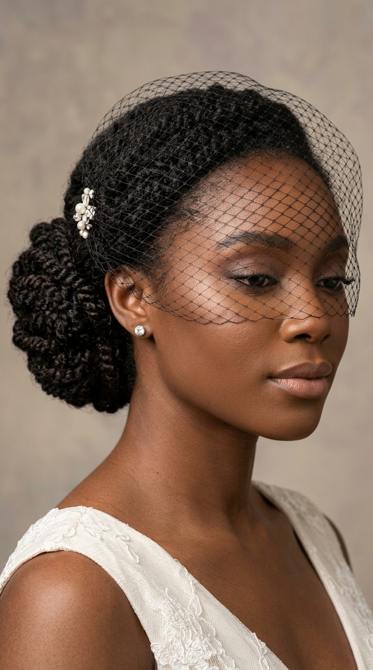 Low Twisted Bun with a Birdcage Veil