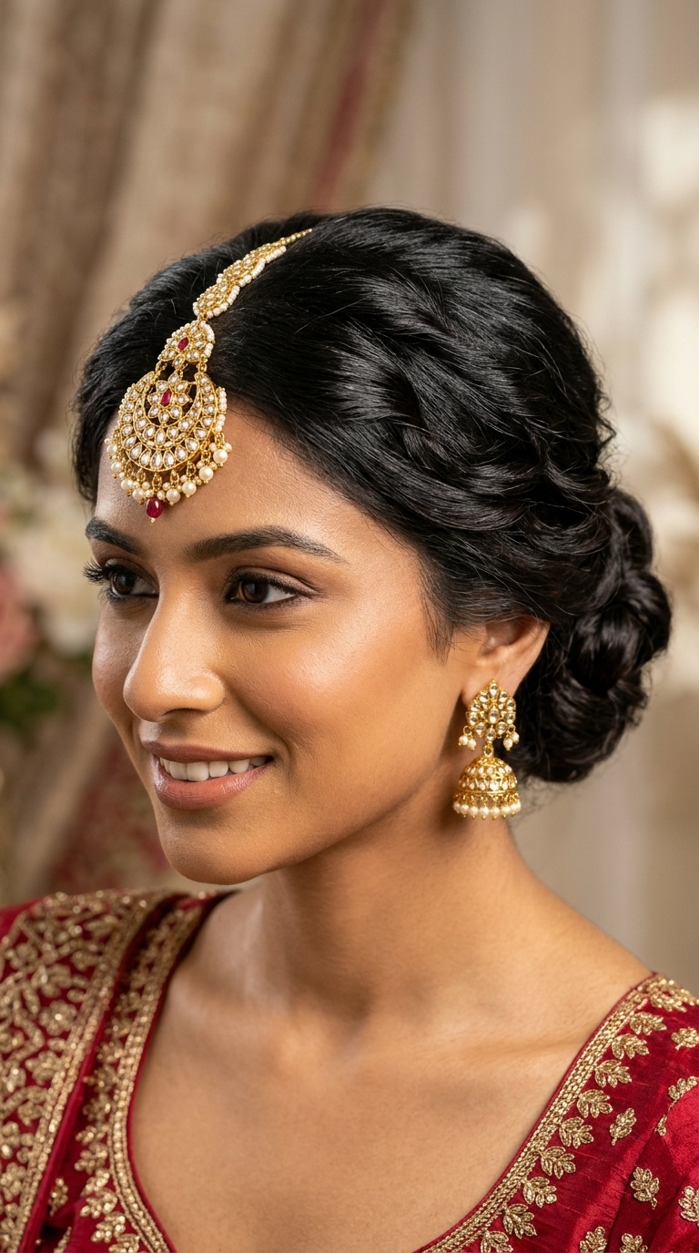 Low Twisted Bun with a Statement Maang Tikka