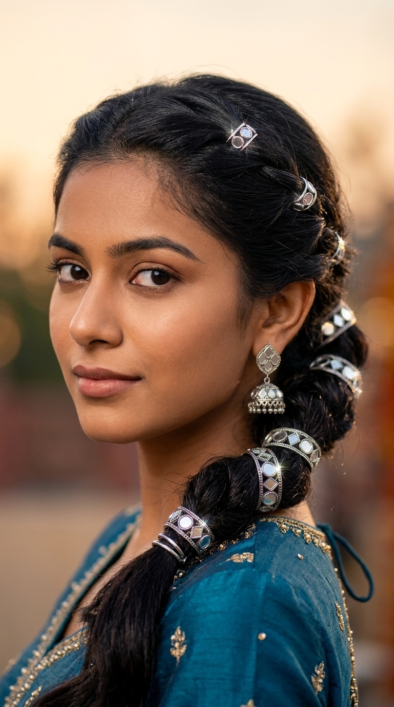 Low Twisted Ponytail with Mirror-Work Rings