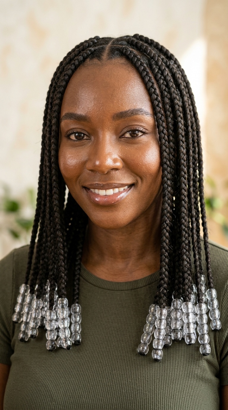 Medium Box Braids with Clear Beads