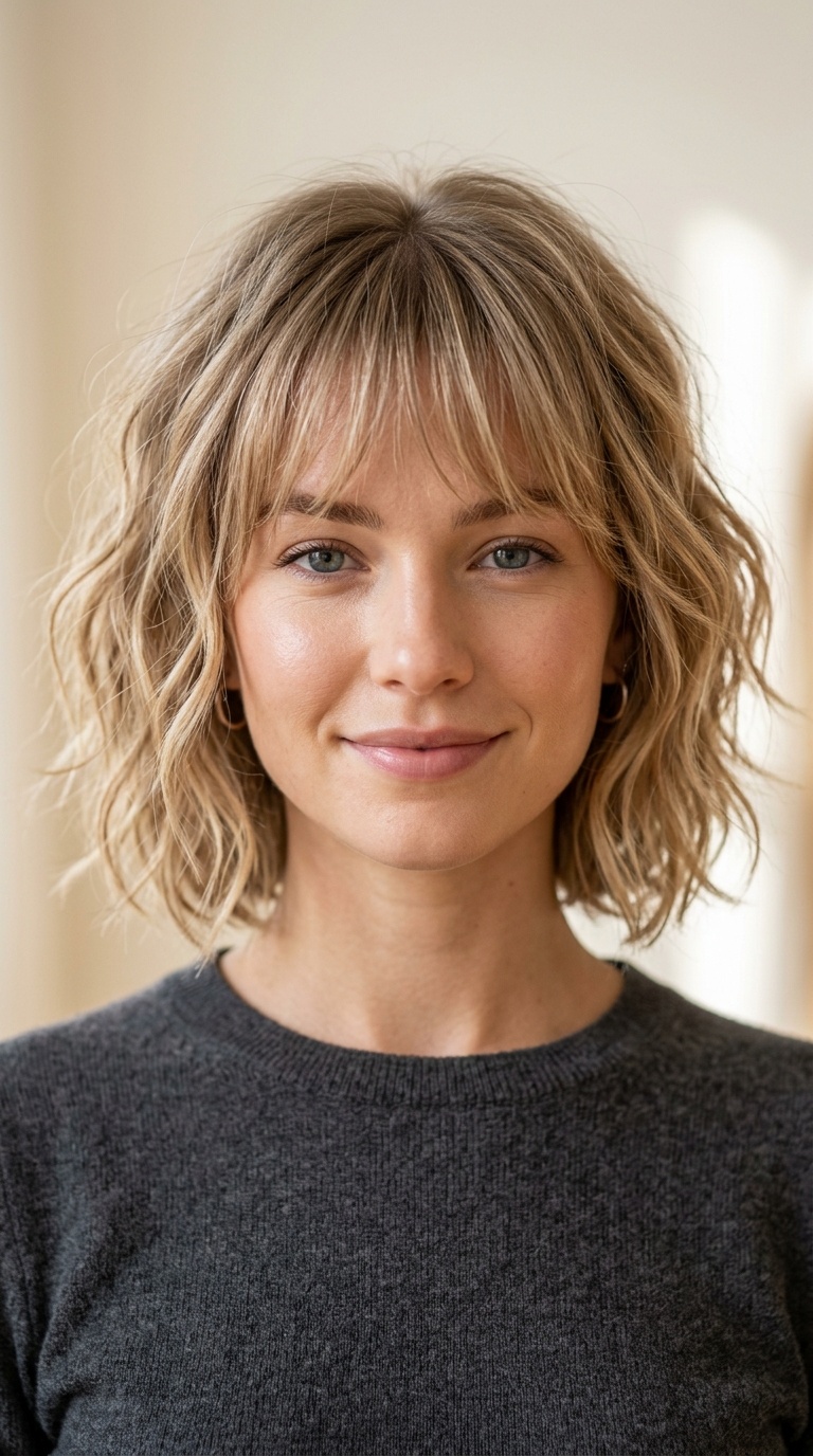 Messy Beach Wave Bob with Wispy Bangs