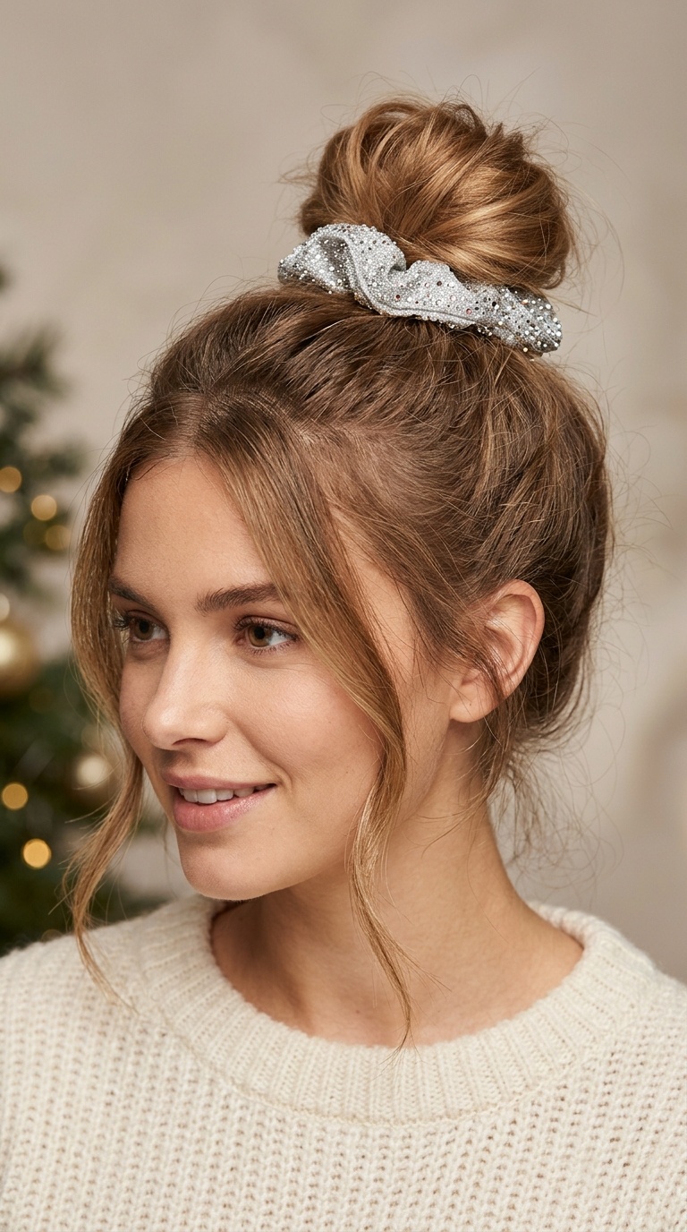 Messy Bun with a Sparkly Scrunchie