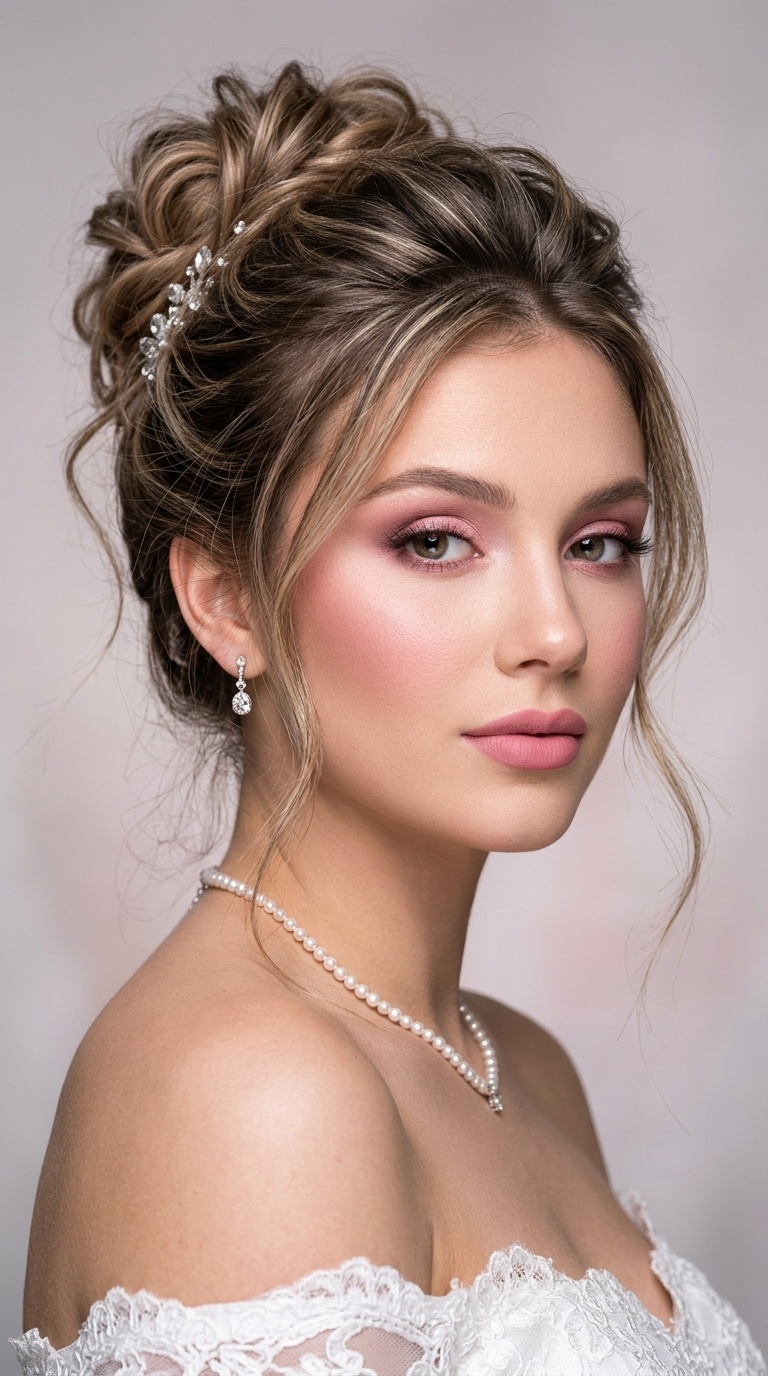 Messy Chignon and Monochromatic Pink Makeup