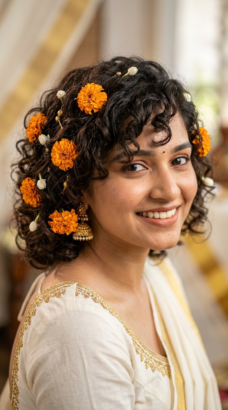 Messy Curls with Marigold Sprigs
