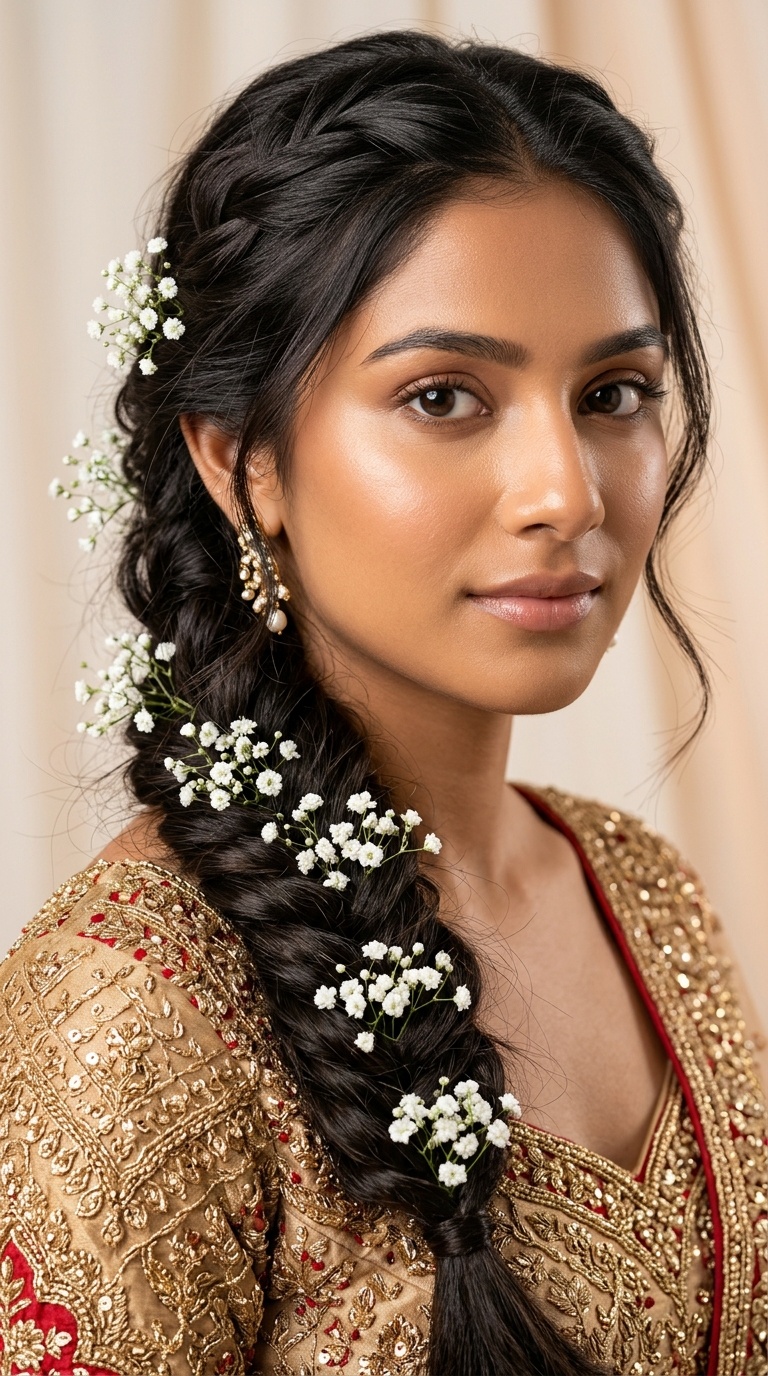 Messy Fishtail Braid with Baby’s Breath
