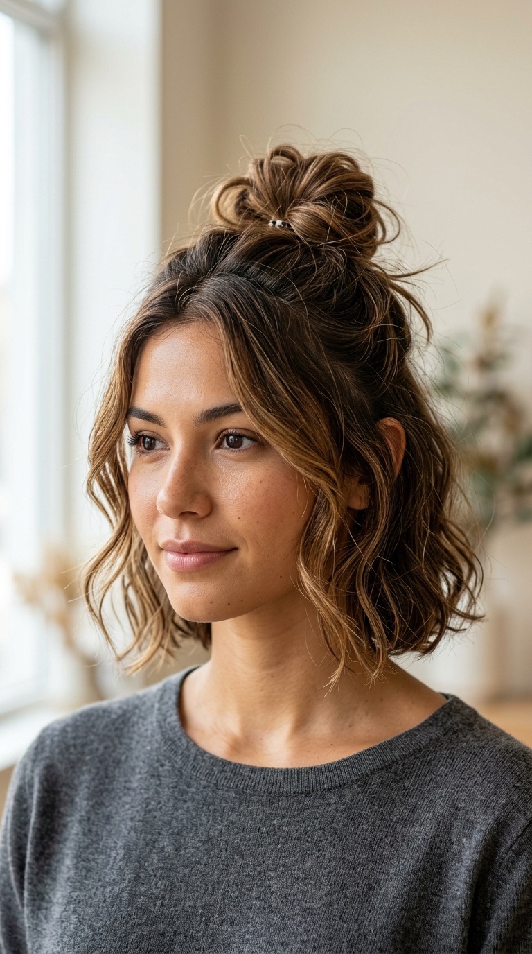 Messy Half-Up Bun with Face-Framing Tendrils