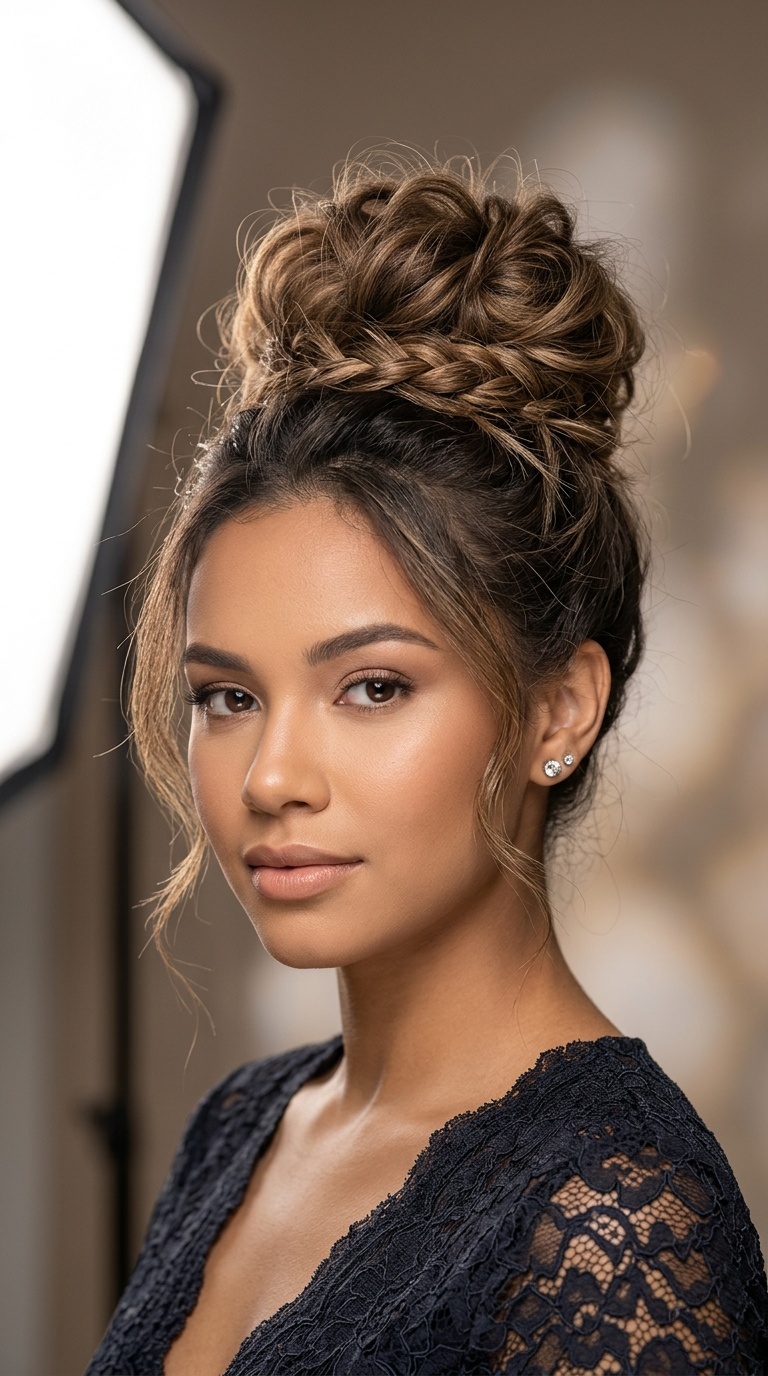 Messy High Bun with Braided Base