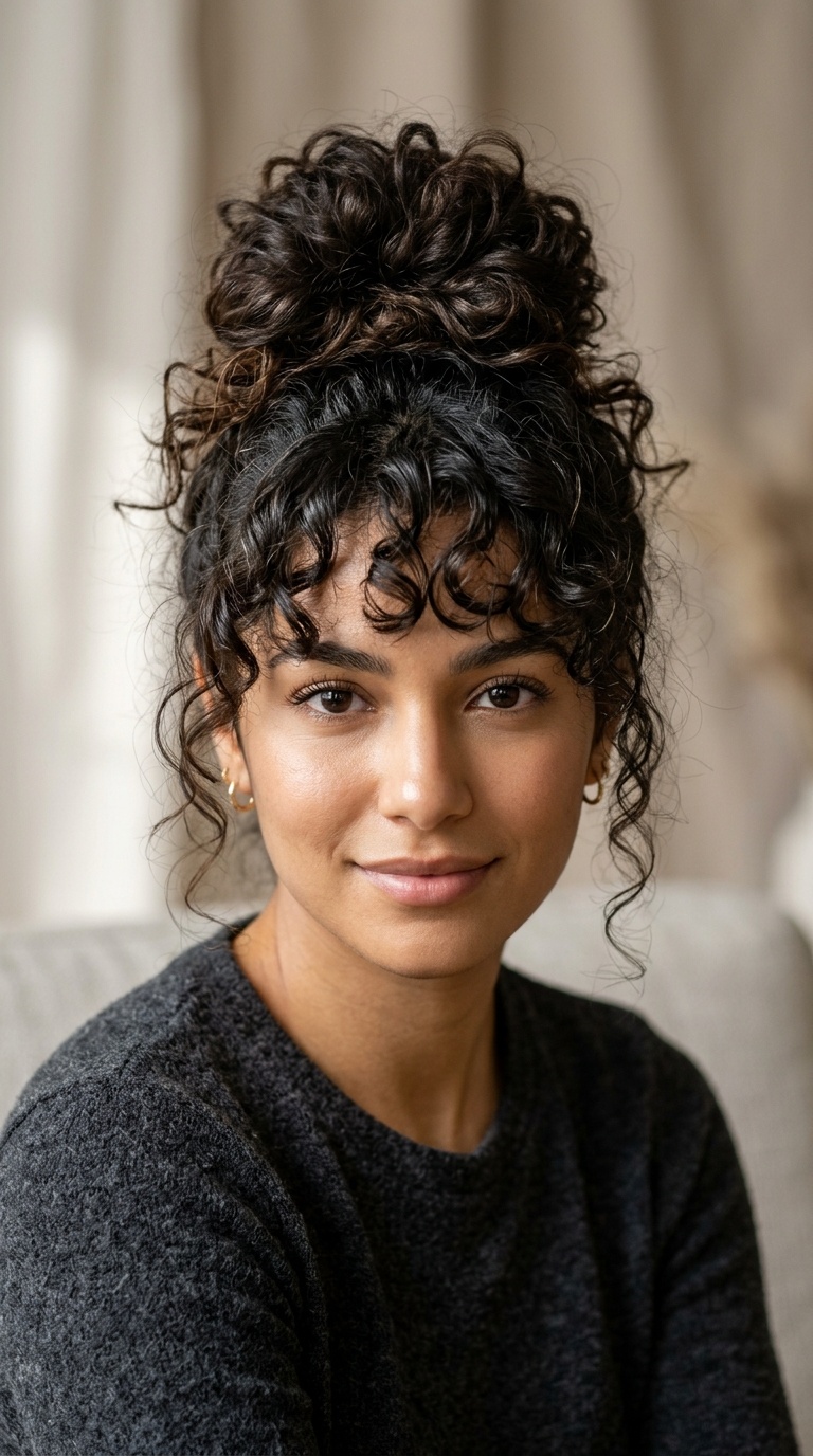 Messy High Bun with Tendril Bangs
