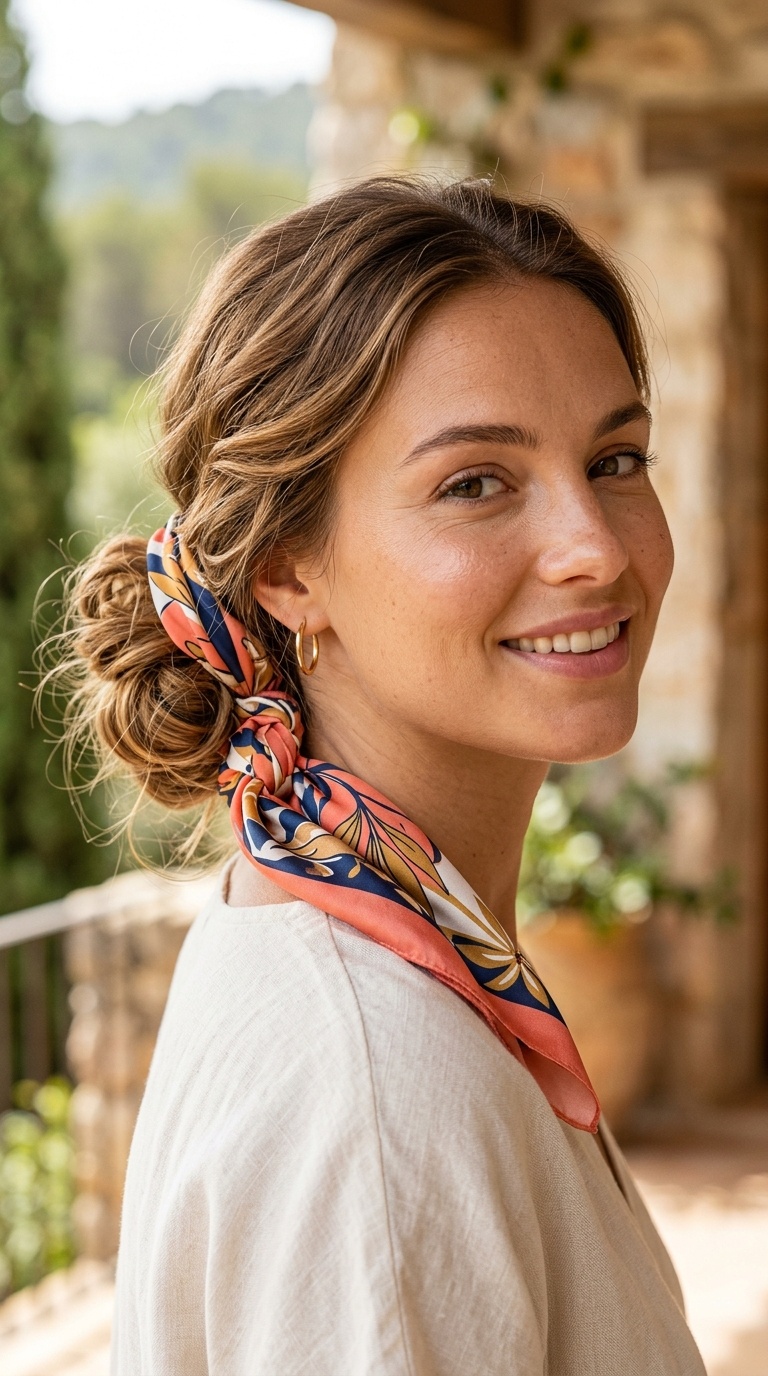Messy Low Bun with a Silk Scarf