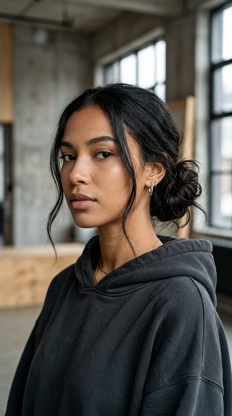 Messy Low Bun with Face-Framing Strands
