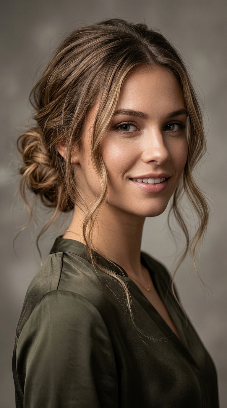 Messy Low Bun with Face-Framing Tendrils