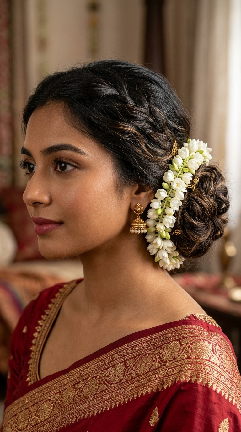 Messy Low Bun with Fresh Gajra