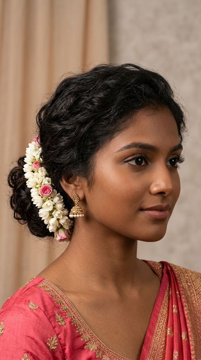 Messy Low Bun with Fresh Gajra