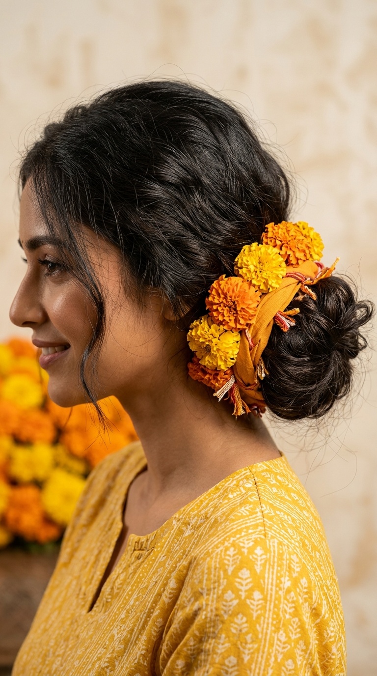 Messy Low Bun with Marigold Wrap
