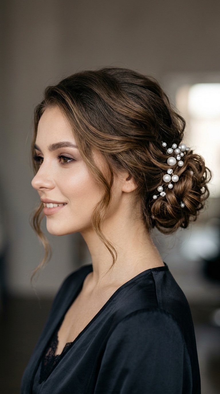 Messy Low Bun with Pearl Accents