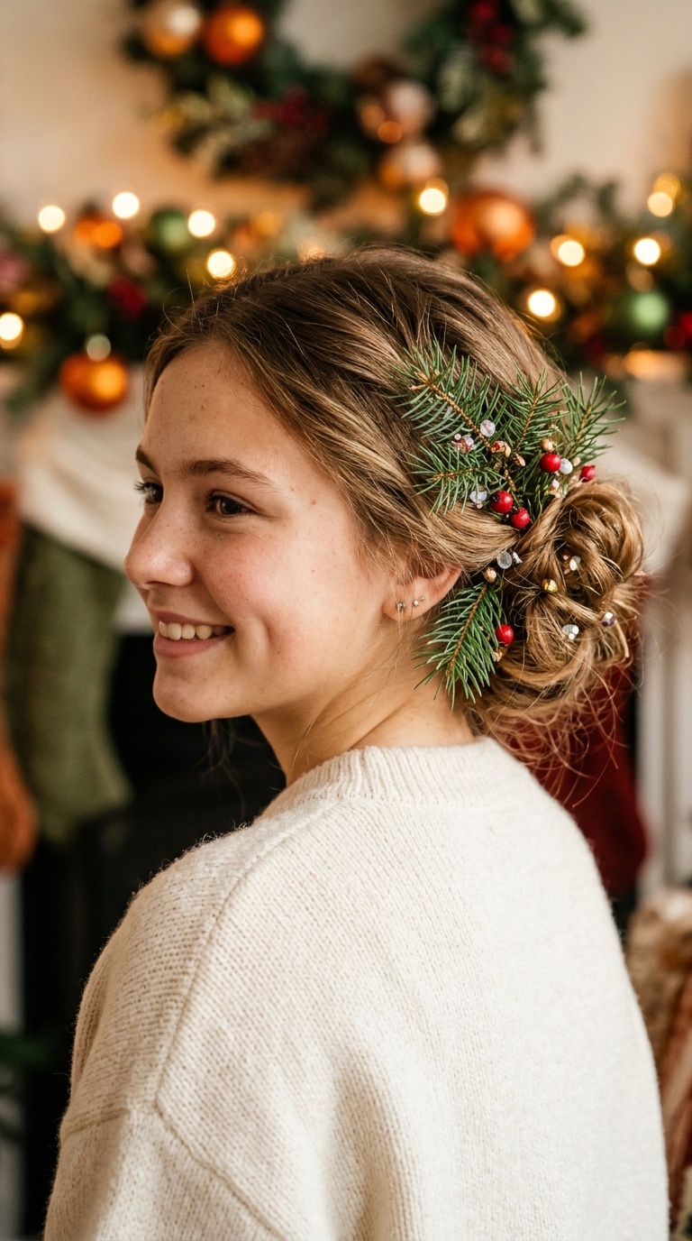 Messy Low Bun with Pine Needle Accents