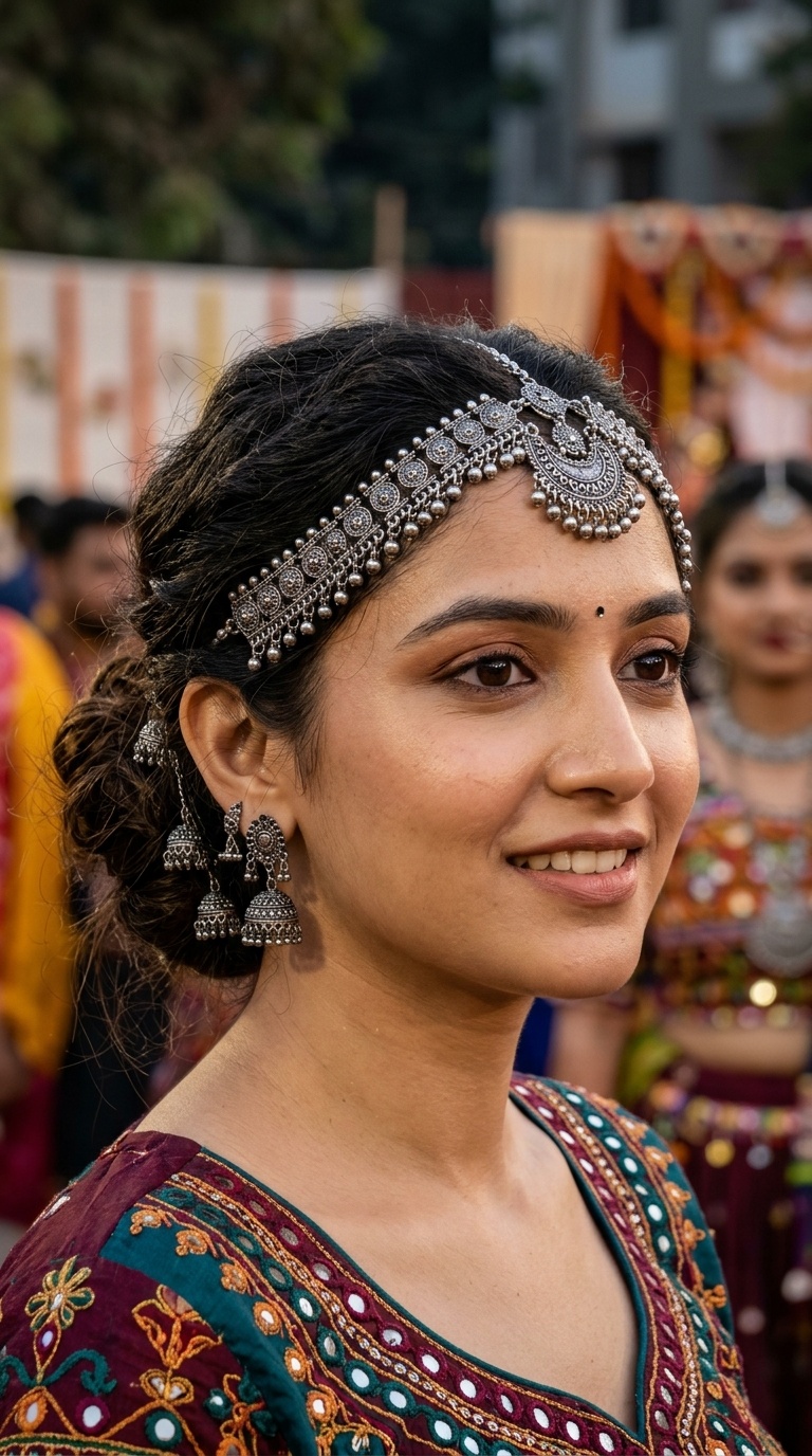 Messy Low Bun with Silver Matha Patti